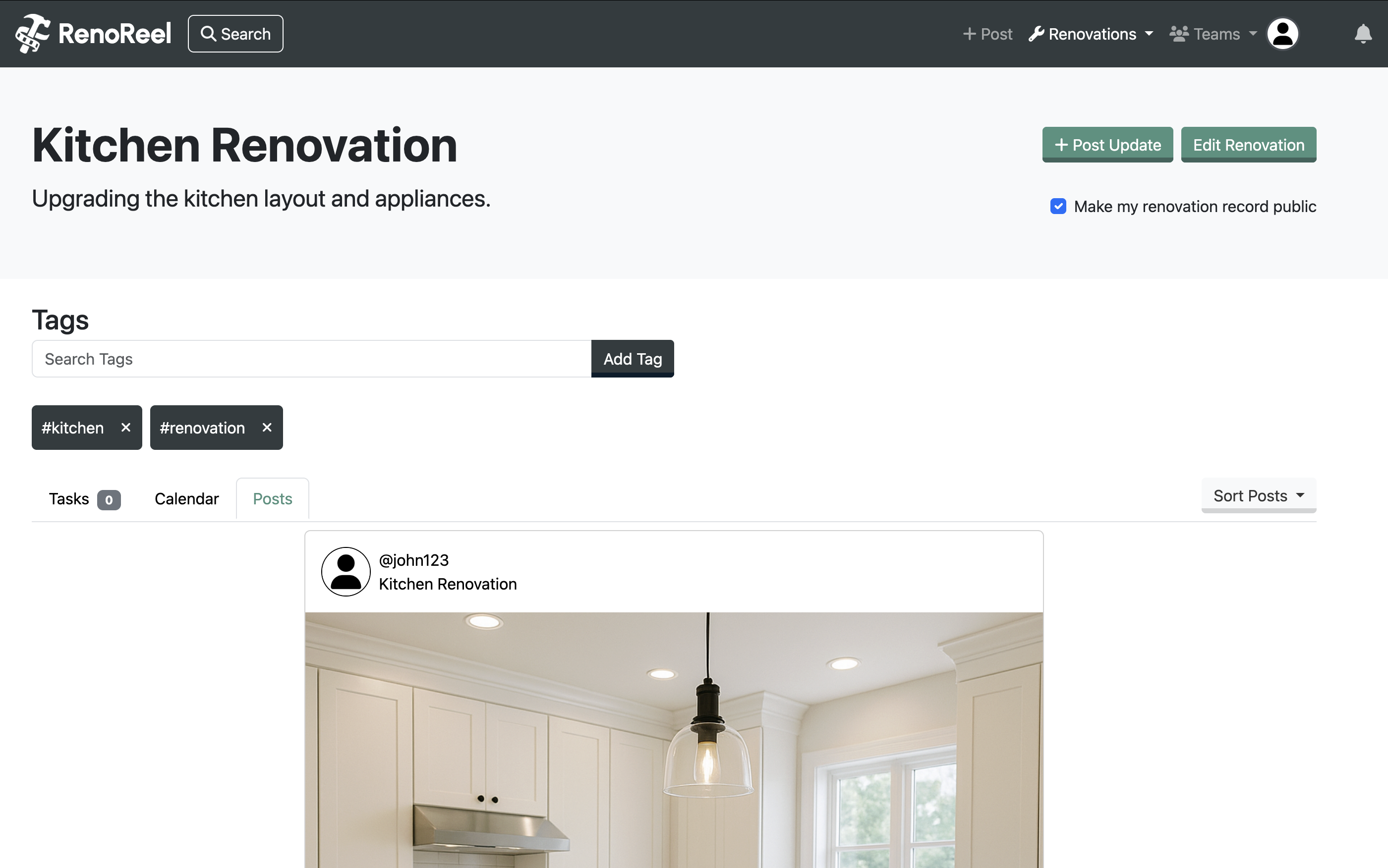 Screenshot of reno reels application