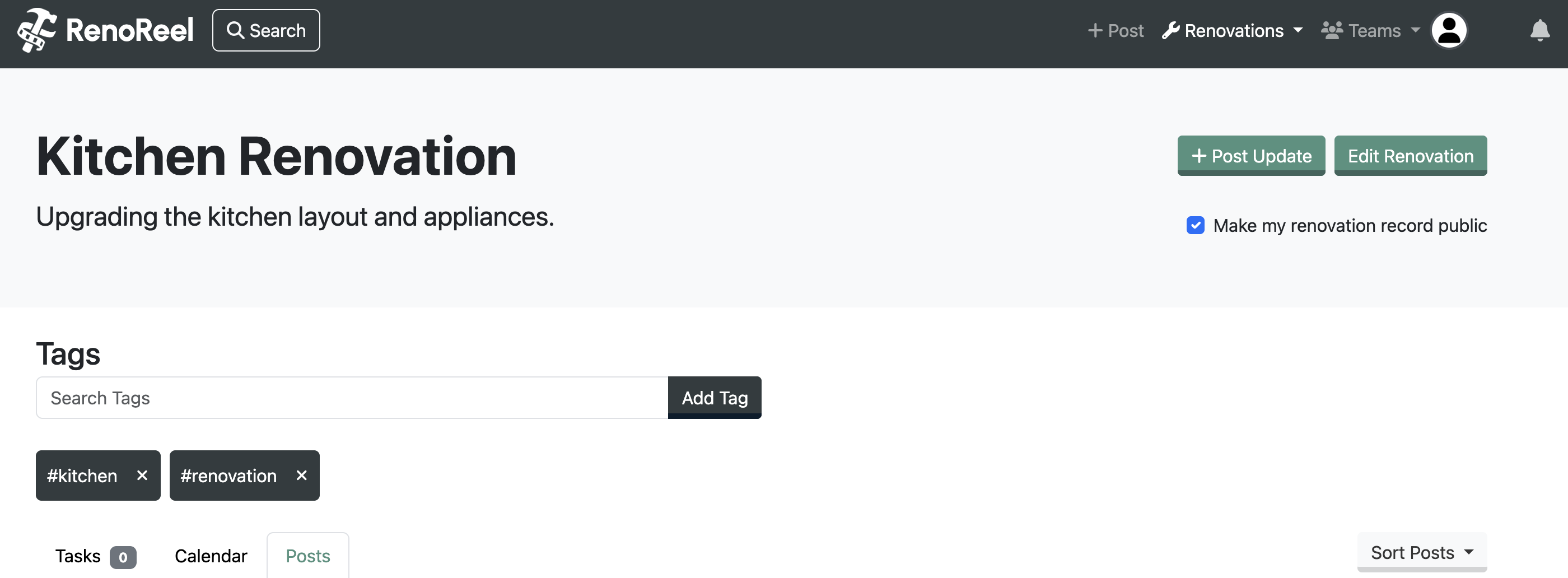 Screenshot of reno reels application